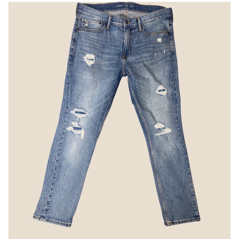 Old Navy Skinny Jeans Mens 36x32 Built-In Flex Distressed Ripped Light Wash Blue